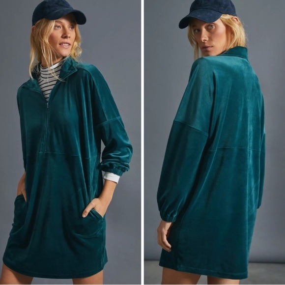 Anthropologie Rosalind Velvet Velour Turquoise Green Quarter Zip Dress Large - Picture 1 of 12